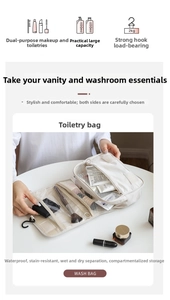Macro detail of the hanging toiletry bag with mesh dividers and functional hook