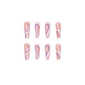 Purple and white wavy line coffin shape press-on nails in long length with nude base