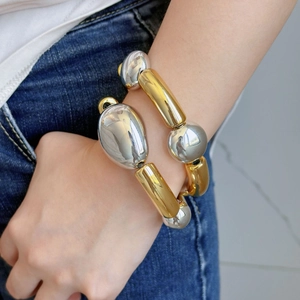 Women Minimalist Metal Texture Smooth Elastic Bracelet Two-Tone Gold Silver CCB Geometric Chunky Fashion Jewelry Accessory