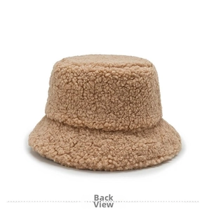 Detailed back view of light khaki faux shearling bucket hat with thick plush texture