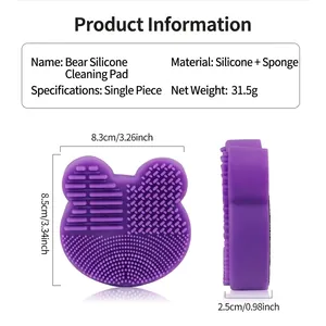 Purple bear-shaped silicone makeup brush cleaning pad with textured surface and sponge