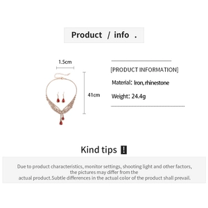 Detail specifications of red rhinestone waterdrop pendant necklace and earrings set