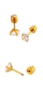 Detail of 24K gold plated stainless steel stud earrings with round cubic zirconia and screw back