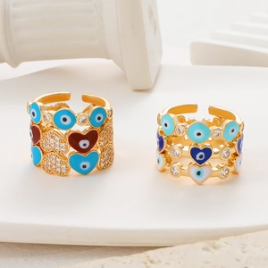 Vintage gold evil eye open ring set with colorful enamel and zircon stones
