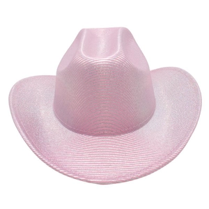 Close-up of pink glittery cowboy hat with metallic thread and rolled brim detail