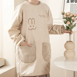 Waterproof Long Sleeve Apron Smock Kitchen Cooking Painting Clothes With Plush Hand Wiping Pockets For Women