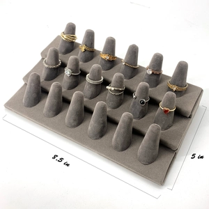 Three-tier grey velvet 18-ring jewelry display stand with dimensions 8.5 by 5 inches