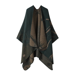 Double-sided forest deer shawl in dark green and brown reversible knit poncho style