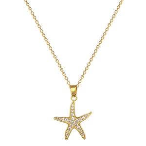 Sparkling gold starfish necklace with cubic zirconia pavé on a delicate steel cable chain