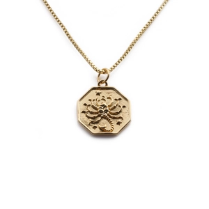 Gold plated hexagon Scorpio pendant necklace with zircon scorpion on box chain