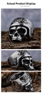 Detailed views of vintage stainless steel skull ring with Ride Life engraved helmet