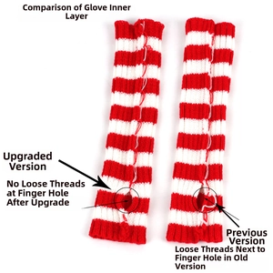 Detail showing high-quality stitching on red and white striped fingerless arm warmers