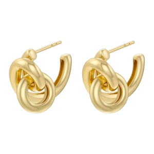 Chic gold-tone knot earrings with architectural irregular curves on a clean white background