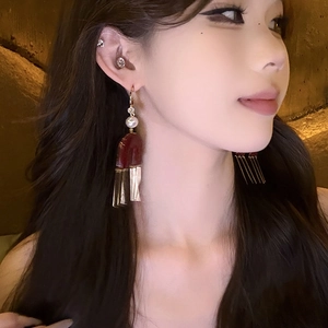 Fashion C-shape earrings with white pearl red acrylic pendant and long gold metal tassels