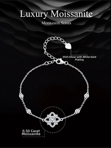 Close-up of S925 sterling silver moissanite bracelet with polished finish and heart charm