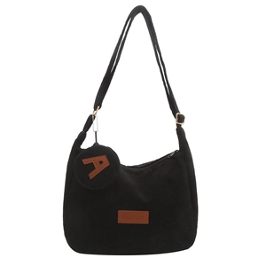 Large black corduroy tote bag with adjustable strap and matching round coin purse