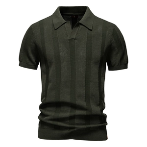 Men Knit Polo Shirt Short Sleeve Vertical Striped Breathable Hollow Out Casual Urban Tops