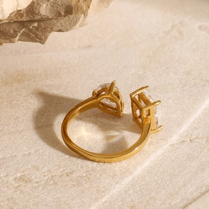 18K gold-plated stainless steel open ring with pear and rectangular zircon stones
