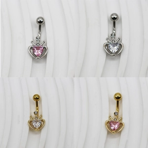 Détails de piercings de nombril cœur couronne en argent et or avec cristaux roses et clairs
