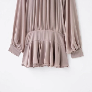Pink pleated long sleeve blouse with ruffled hem and slim waist design for women