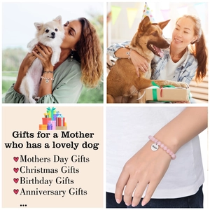 Bracelet en perles de pierre zébrée rose avec pendentif Dog Mom en gros plan et scènes de vie