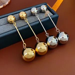Geometric Polished Copper Double Ball Long Drop Earrings With Silver Earring Post Minimalist Mirror Finish Fashion Jewelry
