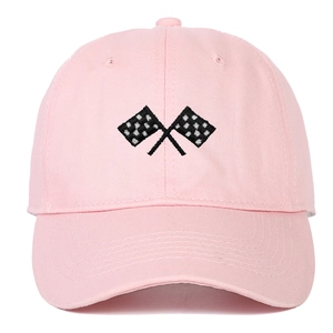 Pink cotton baseball cap featuring embroidered racing flags with curved brim for casual wear