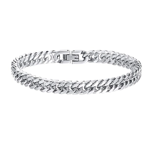 Polished silver stainless steel Cuban link bracelet with secure clasp in a minimalist style