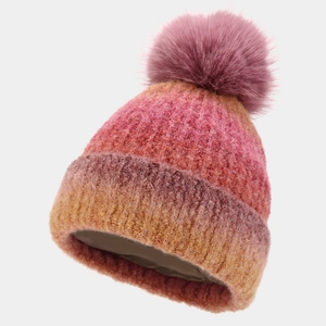 Three-piece winter knit set with ombre tie-dye beanie, pom-pom detail, scarf and gloves