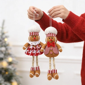 Christmas Gingerbread Man Plush Hanging Ornaments Fabric With Wood Bead Long Legs Holiday Tree Decor Chef Style