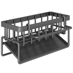 Dark gray stainless steel kitchen sink organizer with drain tray for sponges and soap