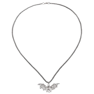Close-up of the textured silver bat pendant and metallic chain on white background