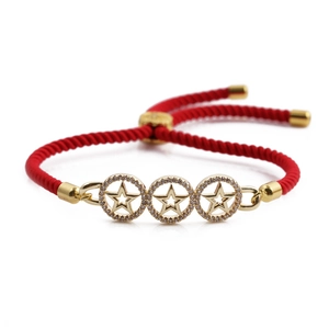 Adjustable red braided rope bracelet with gold-plated star charms and crystal inlay