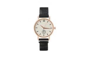 Detail of rose gold quartz watch with black magnetic Milanese mesh strap and white dial