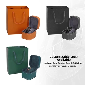 Detail view of portable PU leather watch travel cases with matching paper gift bags
