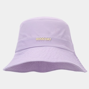 Detail of lavender waterproof bucket hat featuring metal GOOD DAY lettering and stitching