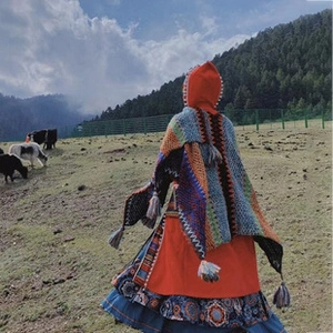 Outdoor view of multi-color knit poncho with fringe and hood in a mountain landscape