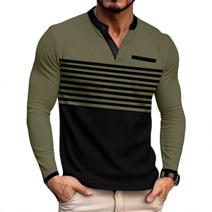 Men's olive green and black long sleeve Henley shirt with buttoned collar and slim fit