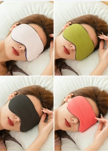 Detail showing four colors of breathable sleep masks on a model for light blocking