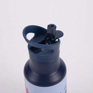 Detail of blue double-lid water bottle with handle and foldable straw spout