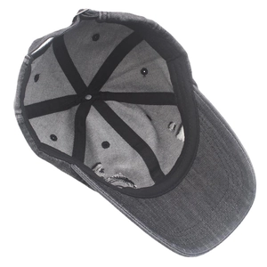 Distressed dark gray washed denim baseball cap with reinforced interior stitching