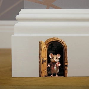 3D-Wandtattoo Mauseloch mit süßer Maus im rot-weiß karierten Hemd für die Wanddeko