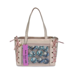 Pearlescent pink ita bag with transparent PVC display window and ribbon lace-up detail