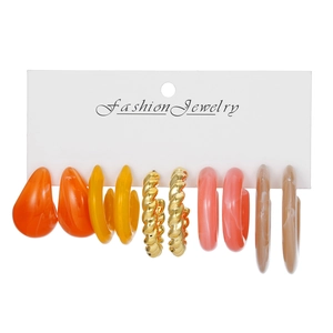 5-pair colorful C-shaped hoop earrings set with acrylic resin and gold metal hoops