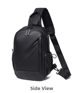 Side view of men's matte black crossbody chest bag with waterproof coating and breathable mesh strap