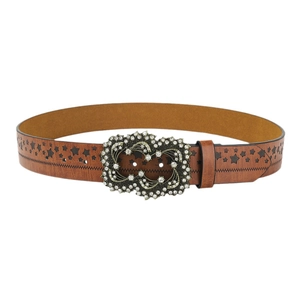 Brown vintage punk rivet leather belt with large rhinestone buckle and star cutouts