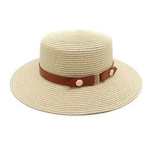 Women Straw Boater Hat Wide Brim Sun Protection Summer Beach Holiday Flat Top Elegant Vintage With Faux Leather Band