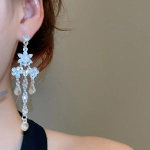 Détail de longues boucles d'oreilles à pompon argenté avec cristaux et fleurs