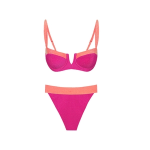 Bikini deux pièces scintillant en lurex au design color-block rose et orange vif