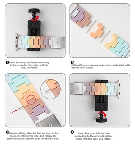 Guide showing how to adjust the colorful resin Apple Watch band with the included tool